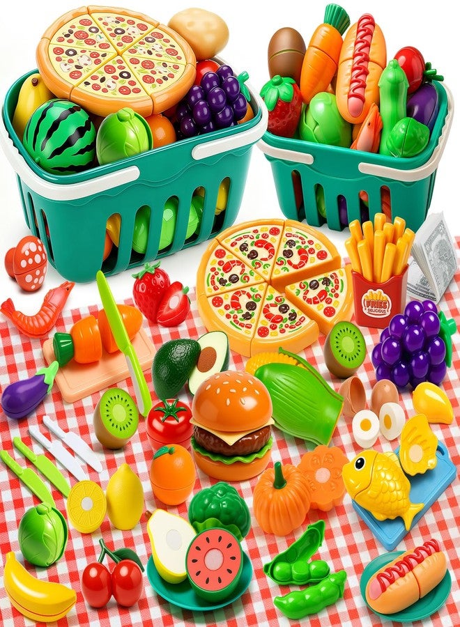 Fiderix 120 PCS Safe Durable Play Food Set for Kids Kitchen with Fruits, Veggies, Meat, 2 Baskets and Mat - Educational Pretend Toys for Boys and Girls Ages 3 4 5, Perfect Christmas and Birthday Gift - Image 1